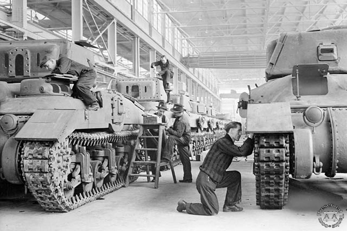 “Workmen on the assembly line for cruiser tanks at the Montreal Locomotive Works plant” - vehicle is a Ram tank