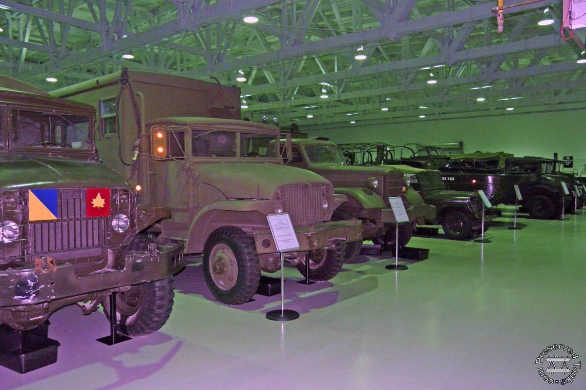 Military vehicle display inside museum building